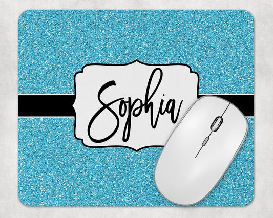 Light Blue Faux Glitter Print Personalized Add Your Name Mouse Pad