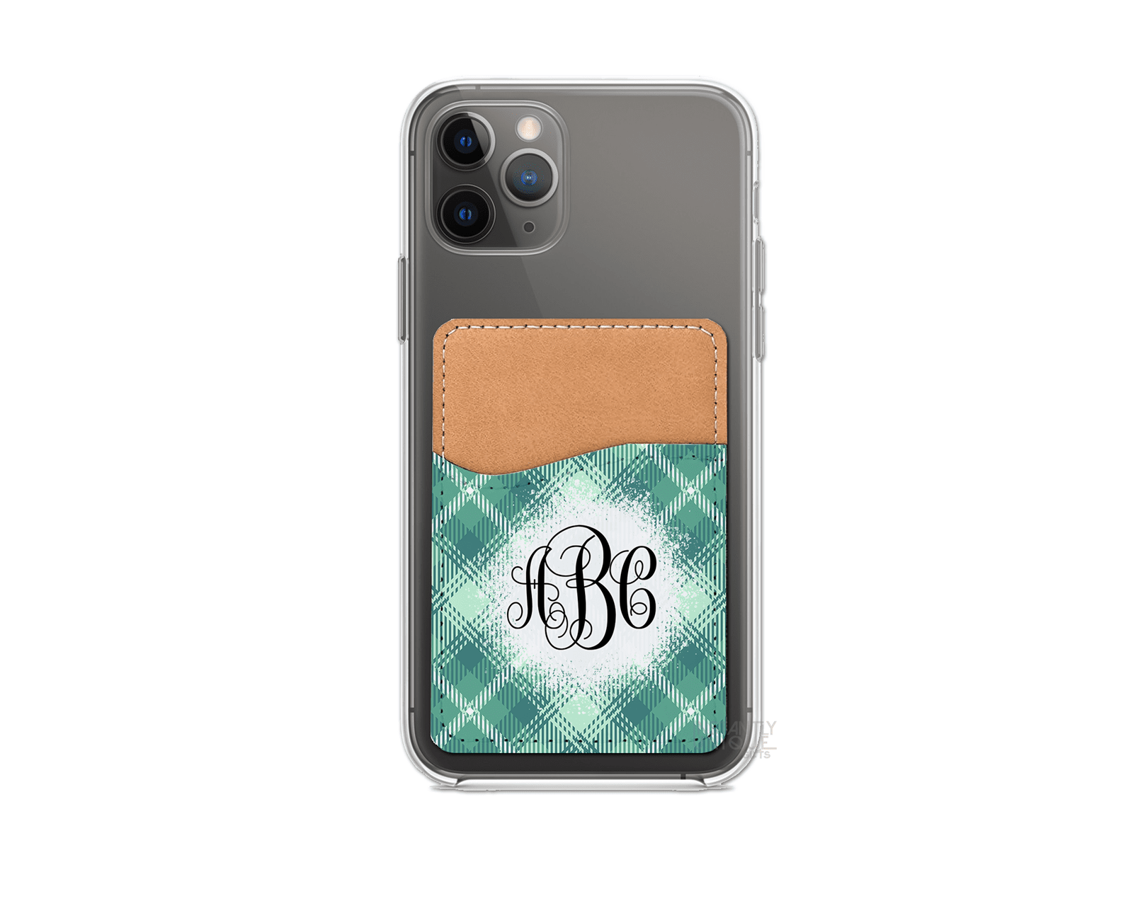 Mint Plaid Pattern Personalized Monogram Stick On Phone Wallet - Add Your Custom Monogram