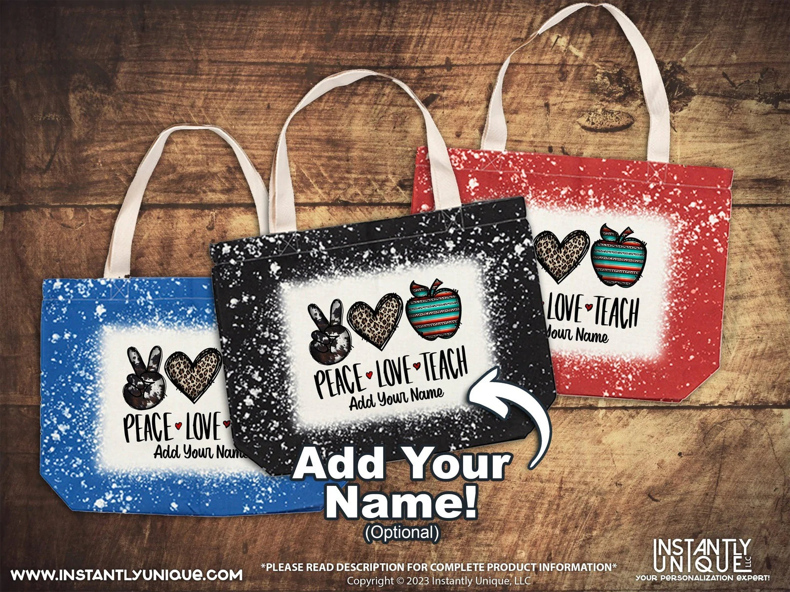 Peace Love Teach Tote Bag - Add Your Name - Bleach Design Tote Bag