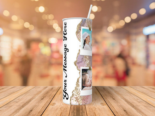 Personalized Champaign Faux Glitter 4 Photo Collage - Custom Tumbler with Lid and Straw