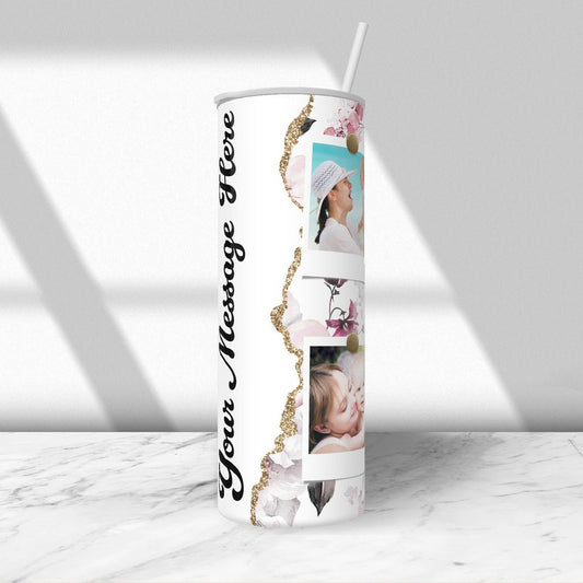 Personalized Floral and Gold Faux Glitter Design 4 Photo Collage - Custom Tumbler with Lid and Straw