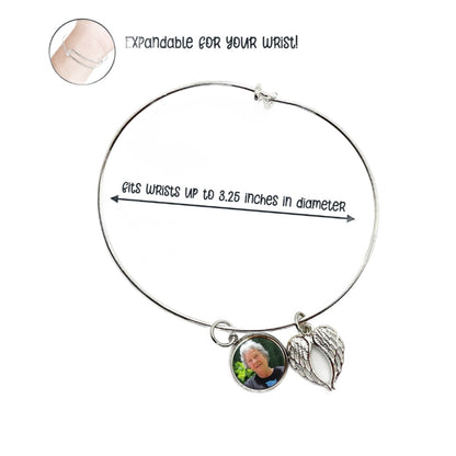 Memorial Angel Wing Charm Adjustable Silver Bracelet with Your Photo Charm
