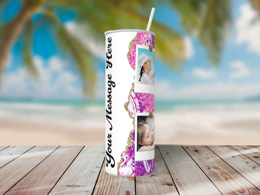 Personalized Pink and Purple Faux Glitter 4 Photo Collage - Custom Tumbler with Lid and Straw