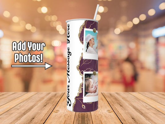 Personalized Purple with Gold Flowers 4 Photo Collage - Custom Tumbler with Lid and Straw
