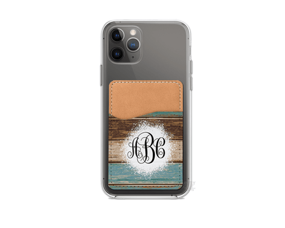 Teal Wood Pattern Personalized Monogram Stick On Phone Wallet - Add Your Custom Monogram