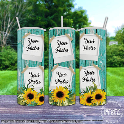 Teal Wood Sunflower Photo Collage Tumbler