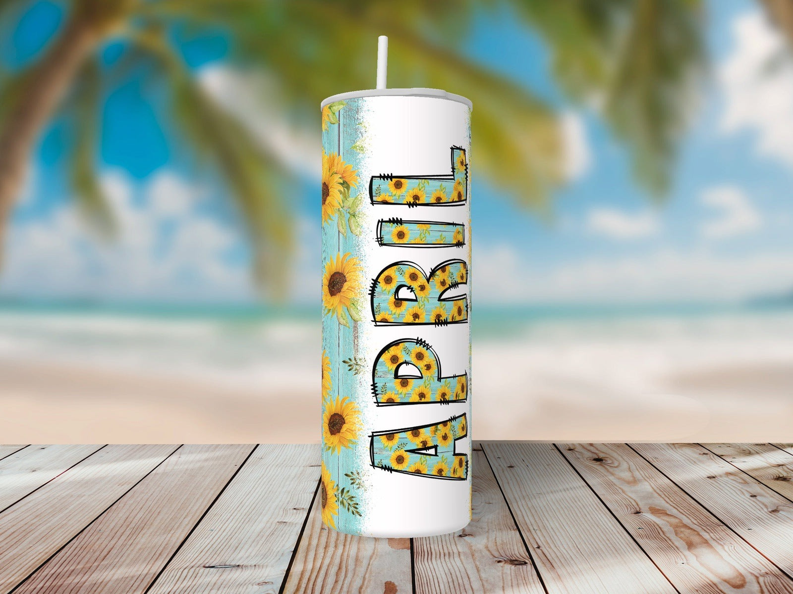 Wood and Sunflowers - Custom Name Tumbler with Lid and Straw
