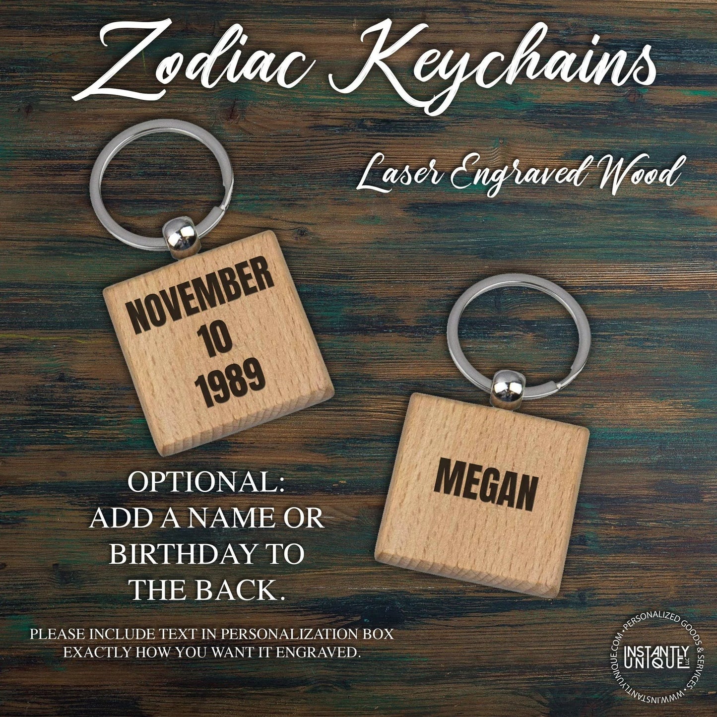 Zodiac Sign Engraved Wooden Keychain