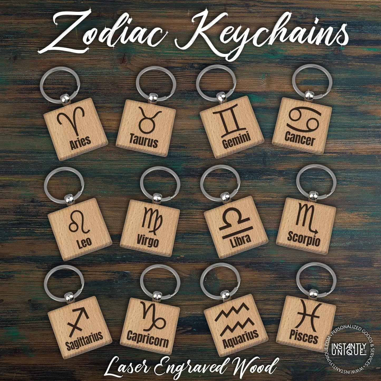 Zodiac Sign Engraved Wooden Keychain