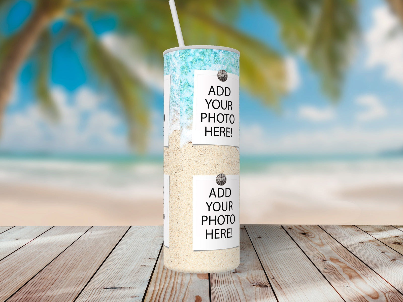 Personalized Beach Design 4 Photo Collage - Custom Tumbler with Lid and Straw