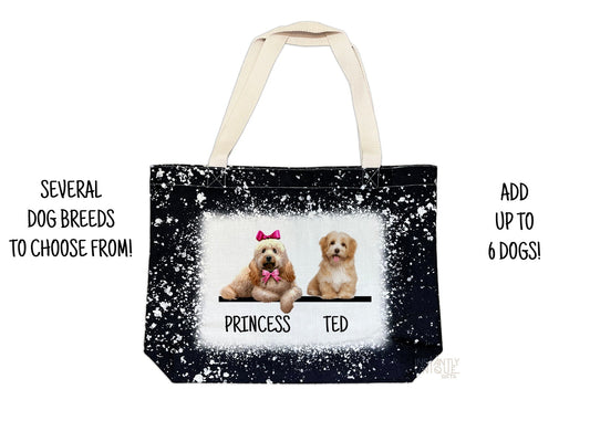 Pick Your Cute Dogs and Name Custom Tote - Black Bleach Design Tote Bag - Add up to 6 dogs!