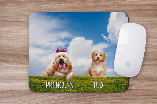 Custom Cute Dog Illustration - Outdoors Grass and Sky Design Mouse Pad