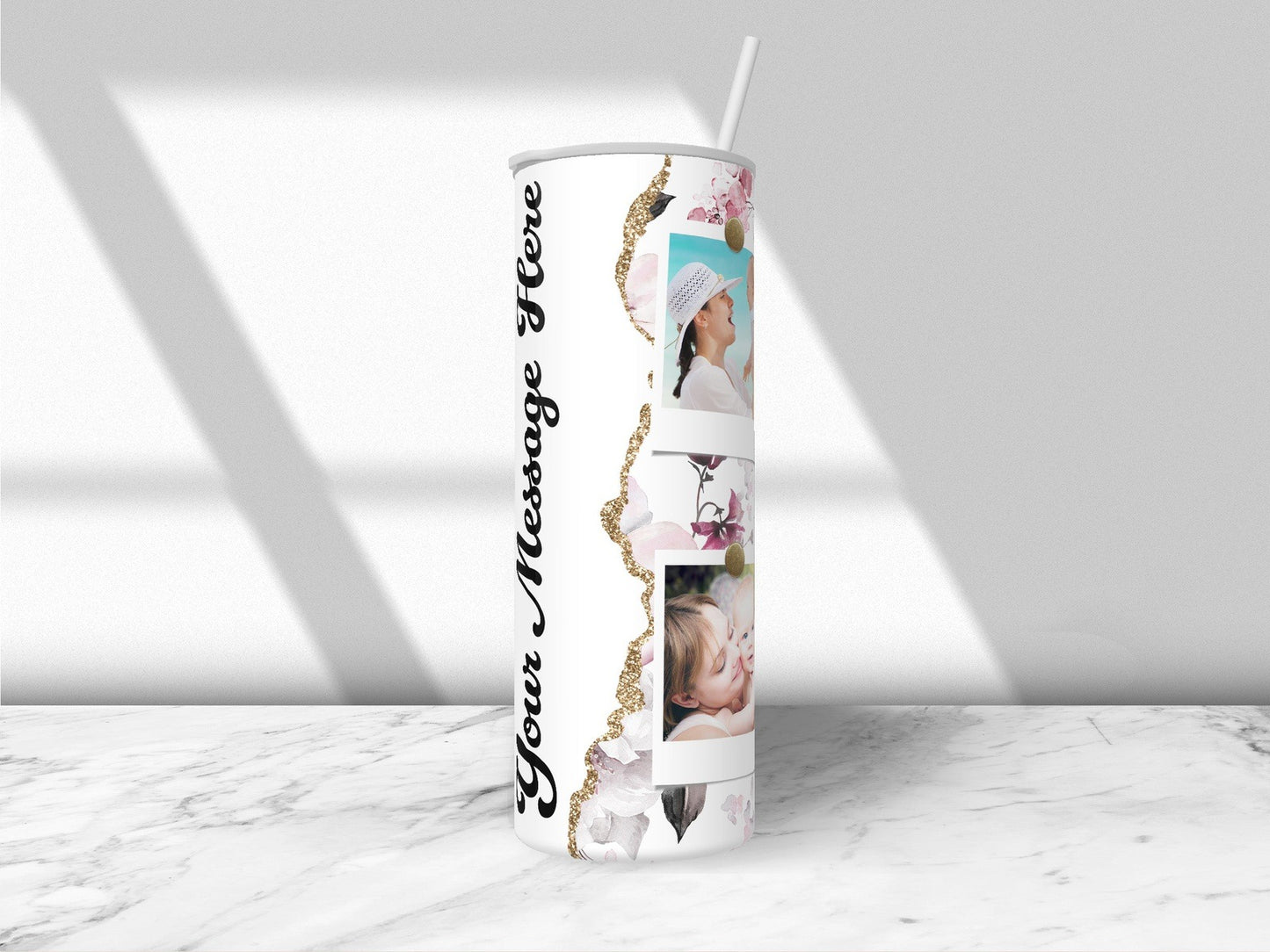 Personalized Floral and Gold Faux Glitter Design 4 Photo Collage - Custom Tumbler with Lid and Straw