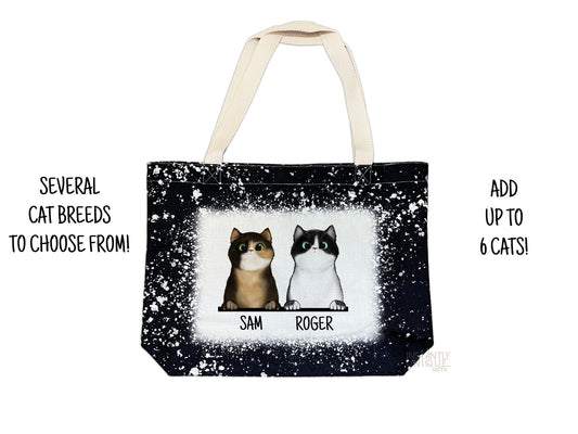 Cute Peeking Cats with Name Custom Tote - Black Bleach Design Tote Bag - Add up to 6 cats!