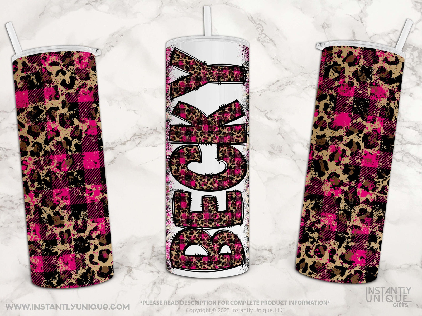 Personalized Pink Plaid and Leopard Print Tumbler with Name