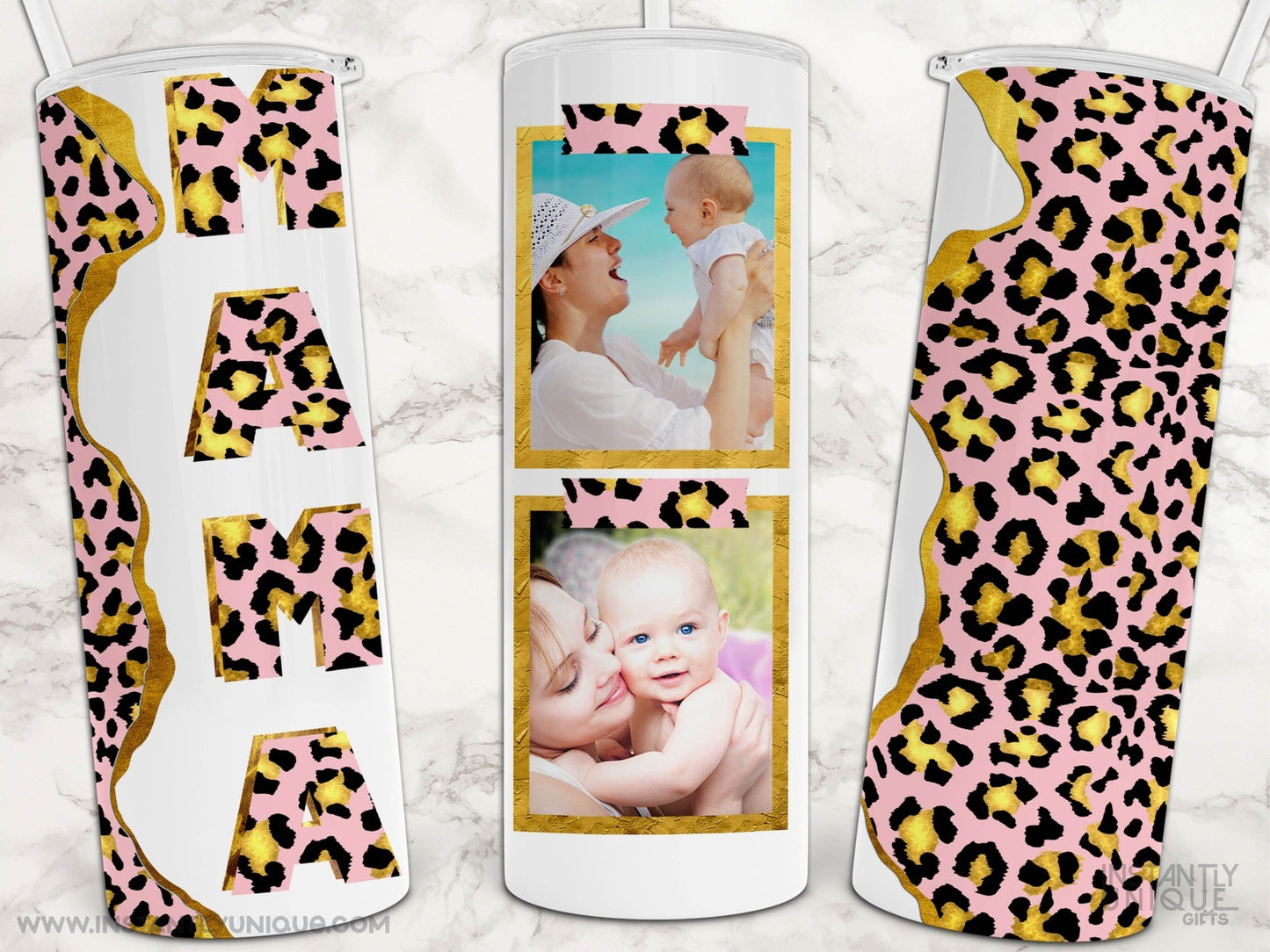 Pink and Black Leopard MAMA Photo Collage Custom Tumbler