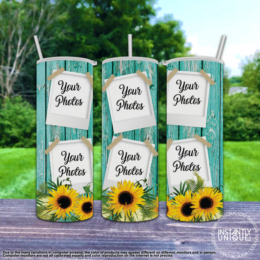 Teal Wood Sunflower Photo Collage Tumbler