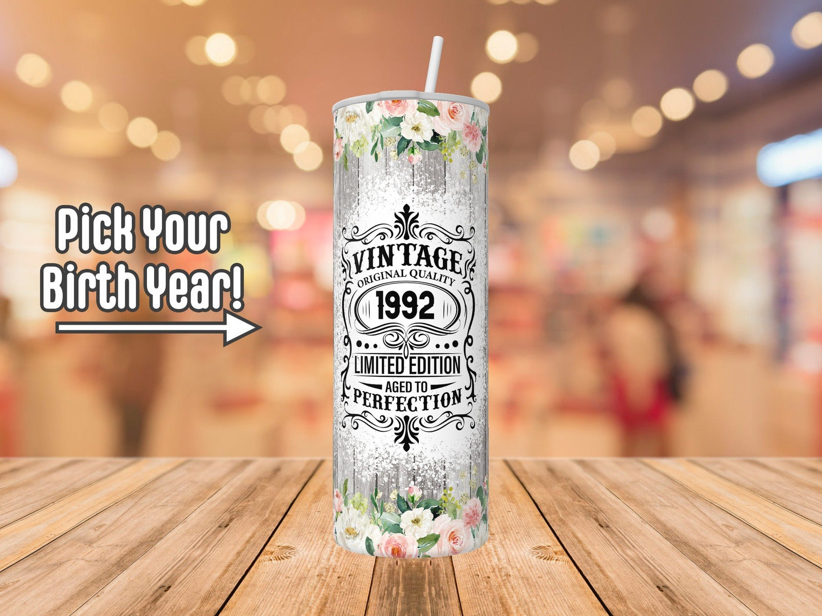 Personalized Birth Year - Vintage Wood and Flowers Design - Custom Tumbler with Lid and Straw